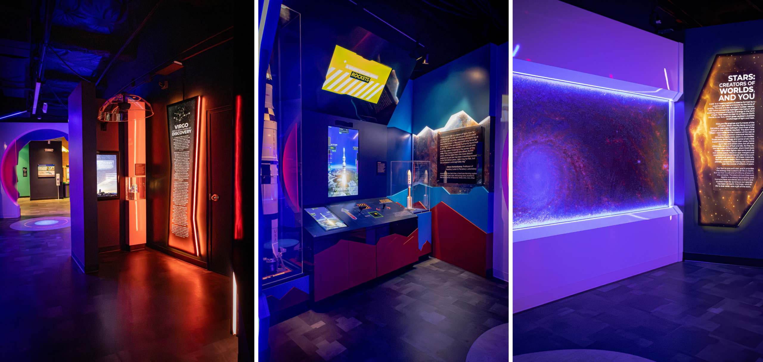 Triptych of a dimly lit science museum exhibit about space, with blue/purple lighting and interactive display panels.